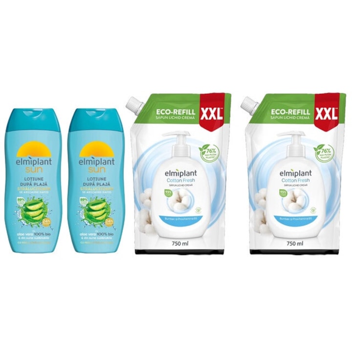 Elmiplant testápoló szett 4 db komponens, 2 db fényesítő strand utáni krém 200 ml, 2 db Reserve folyékony szappan 750 ml pamut Friss, hatékony tisztítás, intenzív hidratálás, könnyű felvitel, megelőzi az irritációt, bőrgyógyászatilag tesztelt