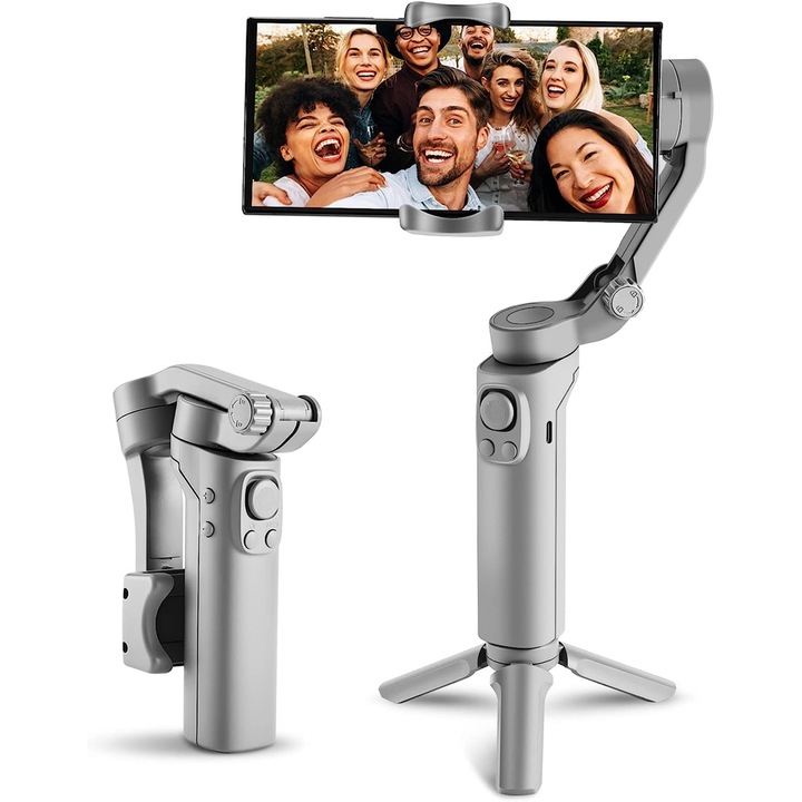 Gimbal stabilizáló rendszer, 3 tengellyel, állvány, nagy autonómia, akkumulátorral, követi az arcot és a testet, dedikált alkalmazással kompatibilis Android és IOS, szürke
