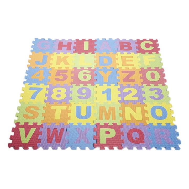 Puzzle stílusú gyerekszőnyeg, 36 db, habszivacs, többszínű, mosható