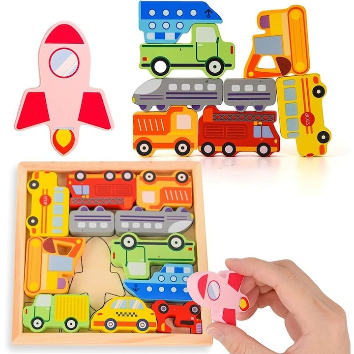 Fából készült puzzle gyerekeknek, szállító formák, 12 darabos készlet, Montessori oktatójáték, 2-4 éves korig