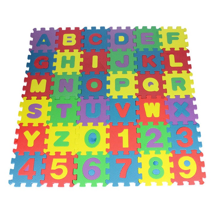 Összekapcsolható 36 színes puzzle-darab gyerekeknek, ábécé és számok