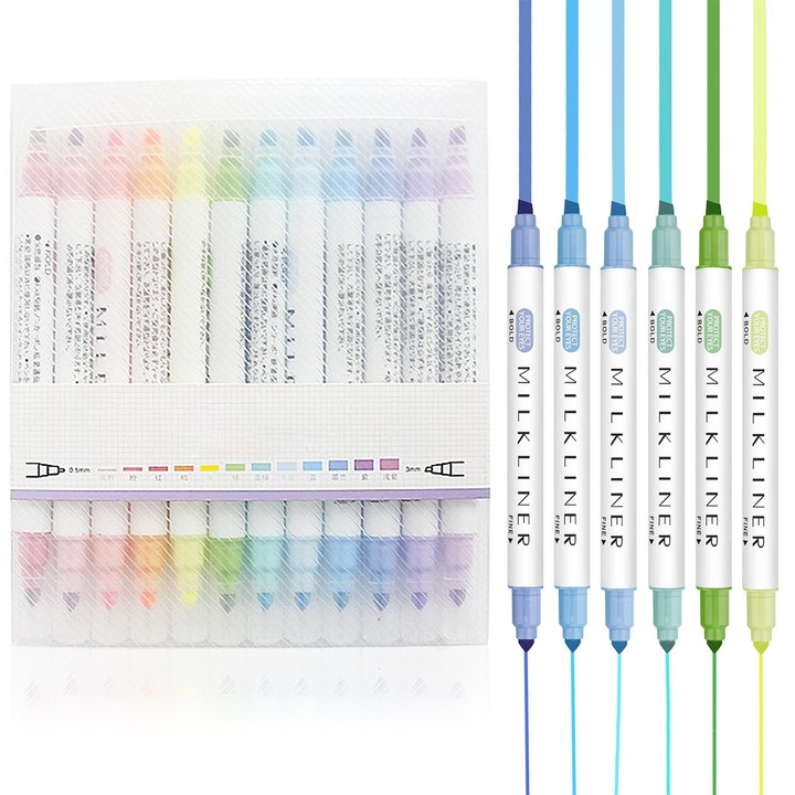 EooUooIP pasztell marker készlet, 12 szín, széles és finom hegyek, többszínű