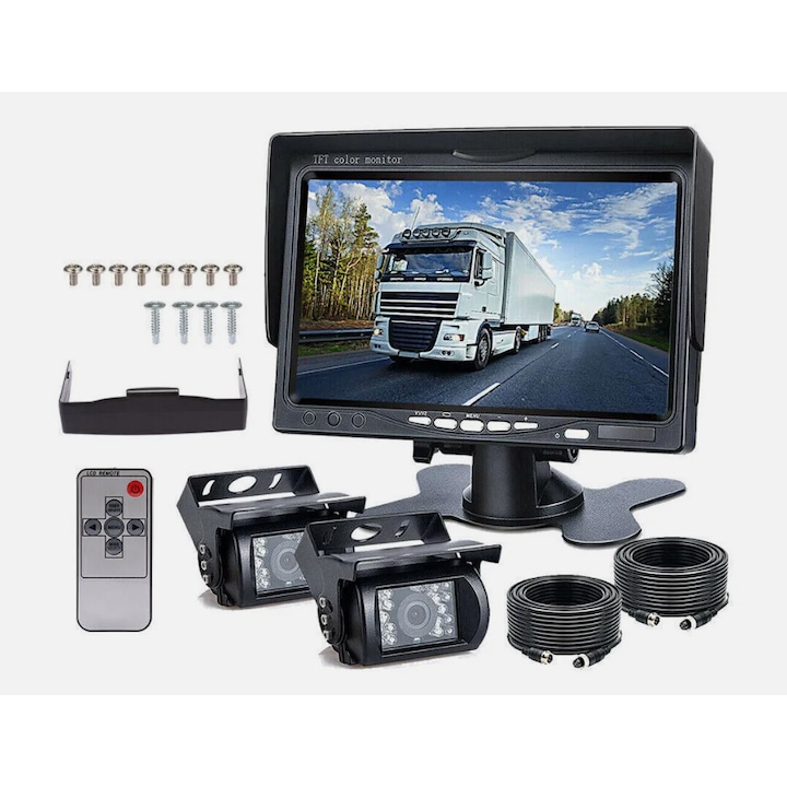 Tolatókamera készlet 18 IR LED-del teherautóhoz, 7" LCD monitor, 12V-24V, Vízálló IP67