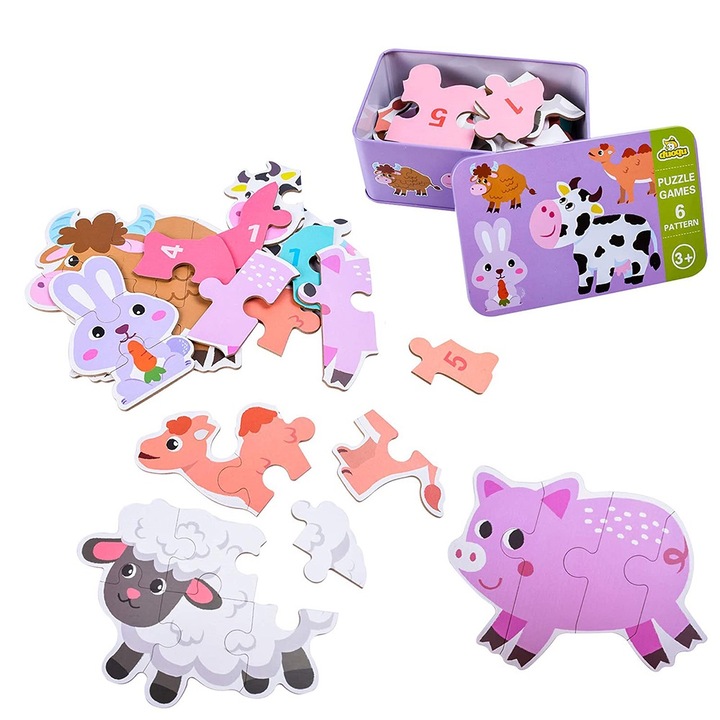 Fából készült puzzle gyerekeknek, állatokkal, Montessori játék, 1-4 éves, többszínű