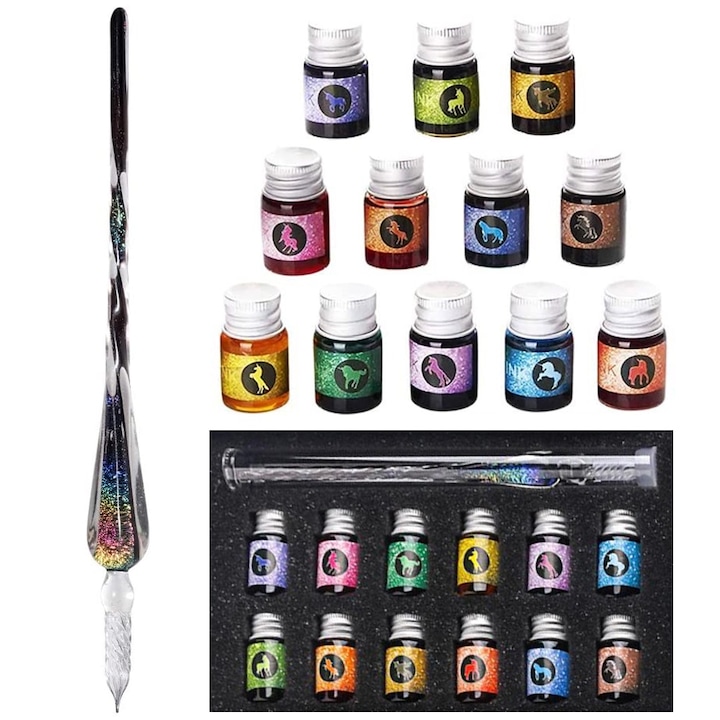 Tinta toll készlet, üveg toll, 12 színes tinta, spirális kivitel