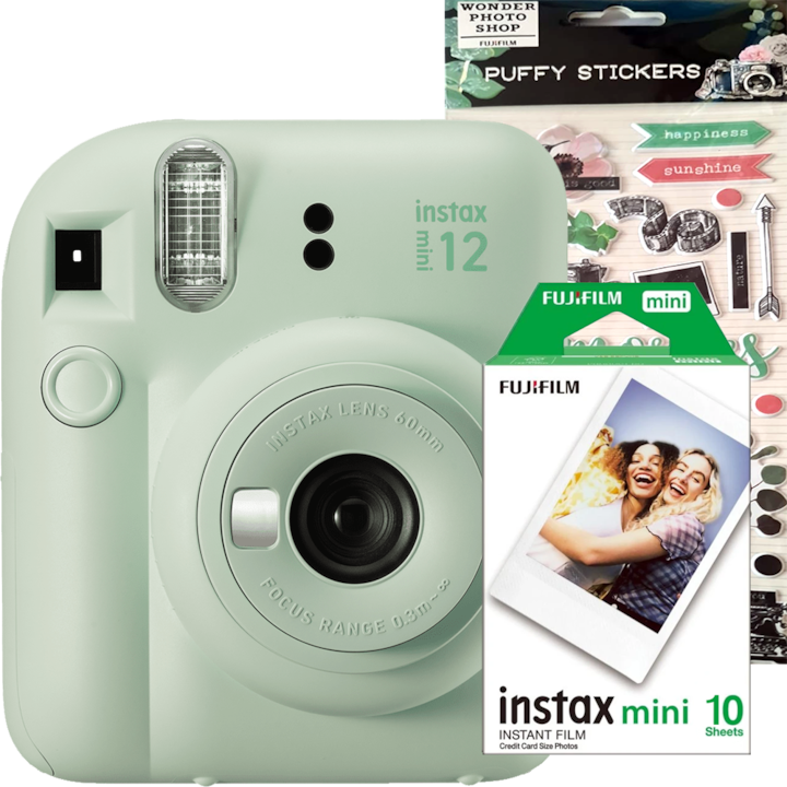 Fujifilm Instax mini12 Green Mint azonnali kamera 1x10-es filmmel és matricákkal