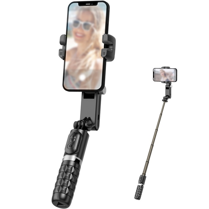 Mobiltelefon és kamera stabilizátor, 9 fokozatú töltőfénnyel, Erősebb alumíniumötvözet teleszkópos rúd, Hordozható, Kefe nélküli motor, Arckövetés és gesztusfelismerés, POV mód, 360°-os forgatás