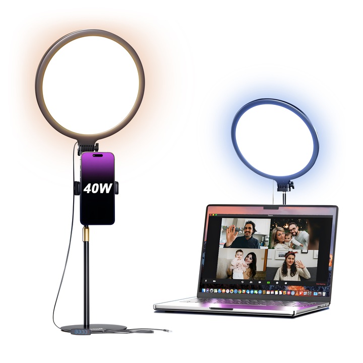 Hordozható LED lámpa, Excitat®, E322, szelfi lámpa fényképekhez/videókhoz/sminkekhez, 3 világítási mód, telefon/laptop klip