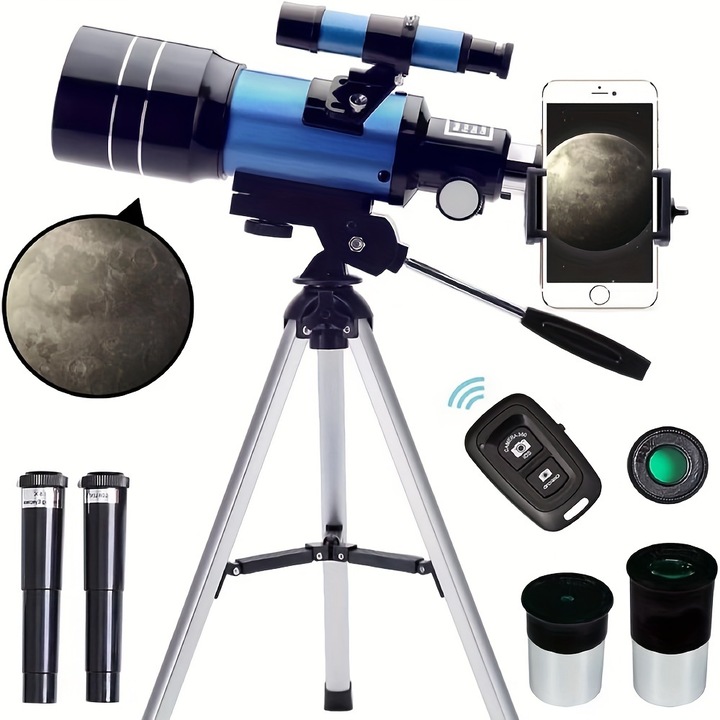 Teleszkóp, WALALLA, 150X, 70mm, 300mm, telefon adapterrel és vezeték nélküli távirányítóval, fekete