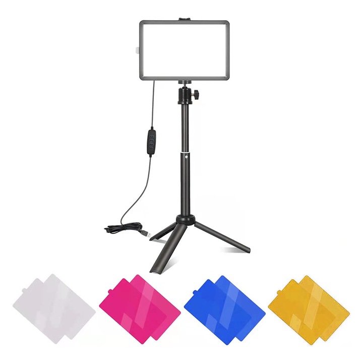 LED videó világítás készlet szabályozható panellel, állítható állványállvánnyal, 4 színes szűrővel, 25x46cm