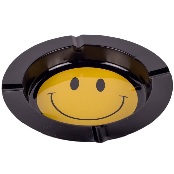 Kerek Smile fém hamutartó fekete, sárga részletekkel 14x2cm