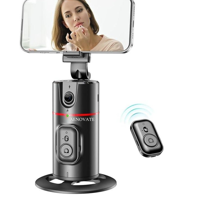 AENOVATE okostelefontartó, arcfelismerés, 360°-os elforgatási funkció, automatikus arckövetés, vezeték nélküli, hordozható, fekete