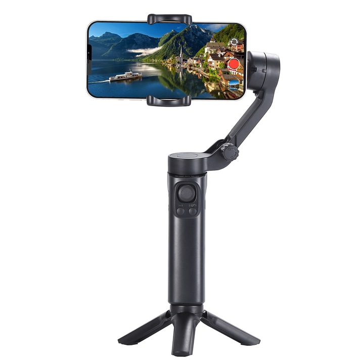 Gimbal képstabilizátor, Ruth csatlakozás, telefonhoz, összecsukható, 3 tengelyes F5 Plus, vezeték nélküli vezérlés, akár 7 órás autonómia, követési és FPV módok, kompatibilis 55-86 mm-es telefonokkal, háromlábú állvánnyal