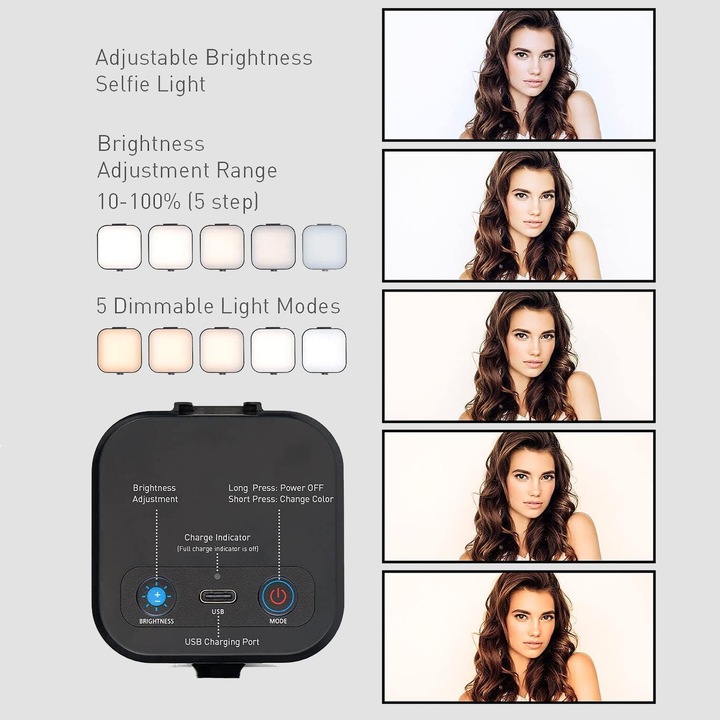 LED lámpa, Axroad Mall, Csíptetővel, 5 világítási mód, 72 led, USB töltés, 10w, 1200mAh, Állítható, Csúszásmentes, Hordozható, Szelfi lámpa fényképekhez vagy videókhoz, Telefonhoz, tablethez, laptophoz, ABS, 15*10*3,5 cm, Fekete