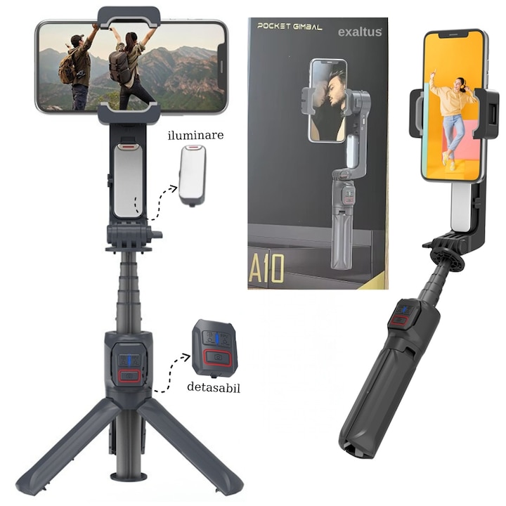 Stabilizátor telefonhoz és GoPro-hoz, Exaltus®, professzionális karimbal, alkalmazás (Android/IOS), Bluetooth, állítható szög, tárgykövetés, automatikus arckövetés, rázkódásgátló, FPV mód, 3 módú világítás, távirányító, kihúzható kar 36,9 cm