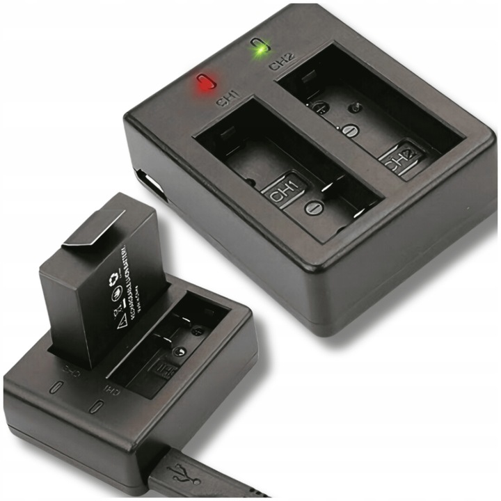 Töltő, Omna, Dupla töltő akkumulátorokhoz, Micro USB és Mini Usb, Jelződióda, 5 cm x 4 cm x 1,5 cm, Fekete
