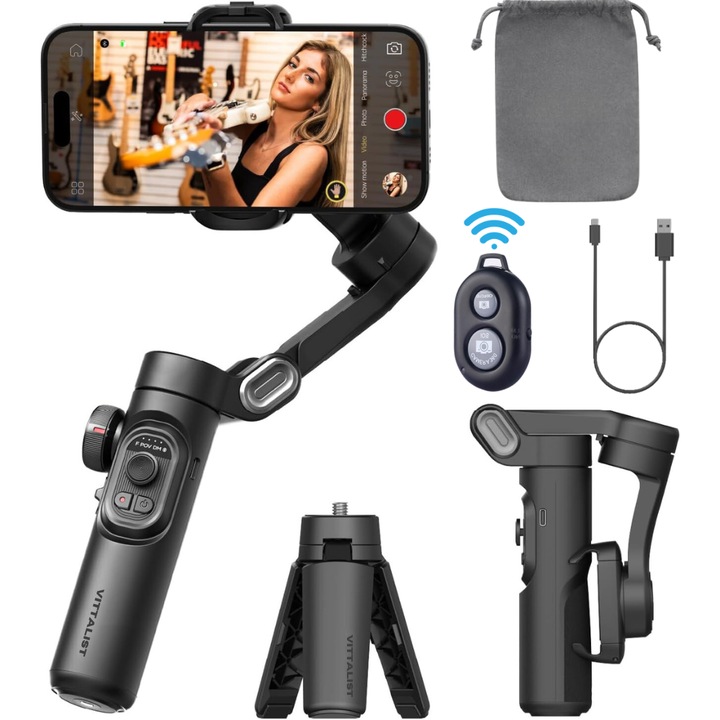 3-tengelyes telefonos képstabilizátor VITTALIST, iOS és Android kompatibilis alkalmazás, Bluetooth, AI gesztusvezérlés, automatikus arcfelismerés, fókuszáló kerék, 10 órás üzemidő, USB töltés, Fekete