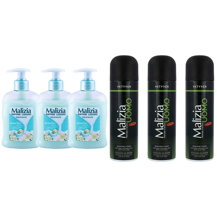 Szett 6 x Malizia Variety, 3 x Folyékony szappan 300 ml Muschio Bianco, 3 x Borotvált hab 300 ml Vetyver, Egész napos Friss, Kellemes parfüm, Megelőzi az Irritációt, Intenzív friss illat, Anti-fehér foltok, élénkítő, hosszan tartó frissesség, 48