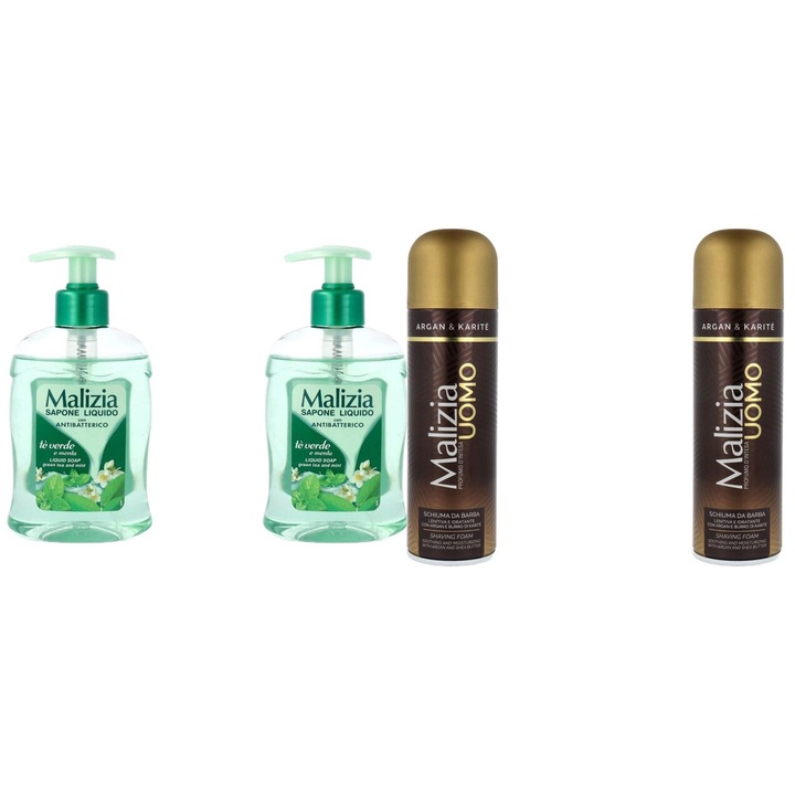 Szett 4 x Malizia Variety, 2 x folyékony szappan 300 ml zöld tea, 2 x borotvált hab 300 ml argán, egész napos friss, kellemes parfüm, megelőzi az irritációt, intenzív friss illat, fehér foltok ellen, élénkítő, hosszan tartó frissesség, 48 órás védelem