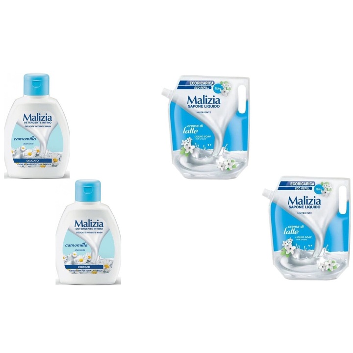 Szett 4 x Malizia Variety, 2 x Intim folyékony szappan 200 ml kamilla, 2 x Reserve folyékony szappan 1 l tej, egész napos friss, kellemes parfüm, megelőzi az irritációt, intenzív friss illat, fehér foltok ellen, élénkítő, hosszan tartó frissesség védelem