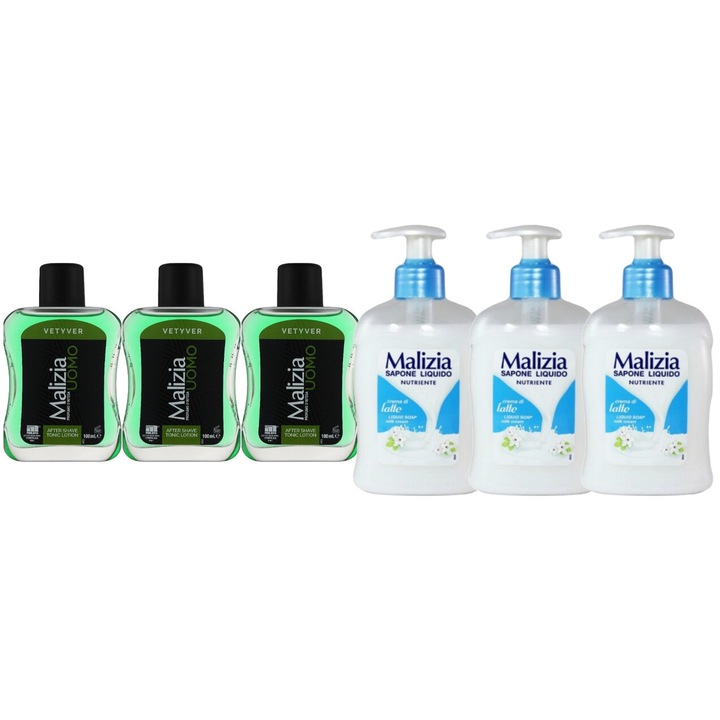 Szett 6 x Malizia Variety, 3 x After Shave 100 ml Vetyver, 3 x Folyékony szappan 300 ml Latte, Egész napos friss, kellemes parfüm, Megelőzi az irritációt, Intenzív friss illat, Anti-fehér foltok, élénkítő, hosszan tartó frissesség, 48 órás védelem