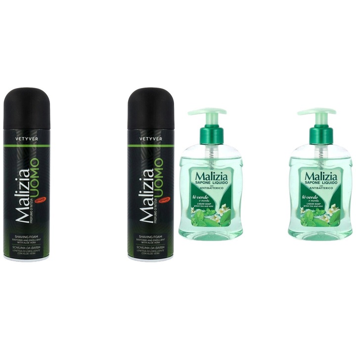 Szett 4 x Malizia Variety, 2 x borotvált hab 300 ml vetyver, 2 x folyékony szappan 300 ml zöld tea, egész napos friss, kellemes parfüm, megelőzi az irritációt, intenzív friss illat, fehéredésgátló, élénkítő, hosszan tartó frissesség, 48 órás védelem