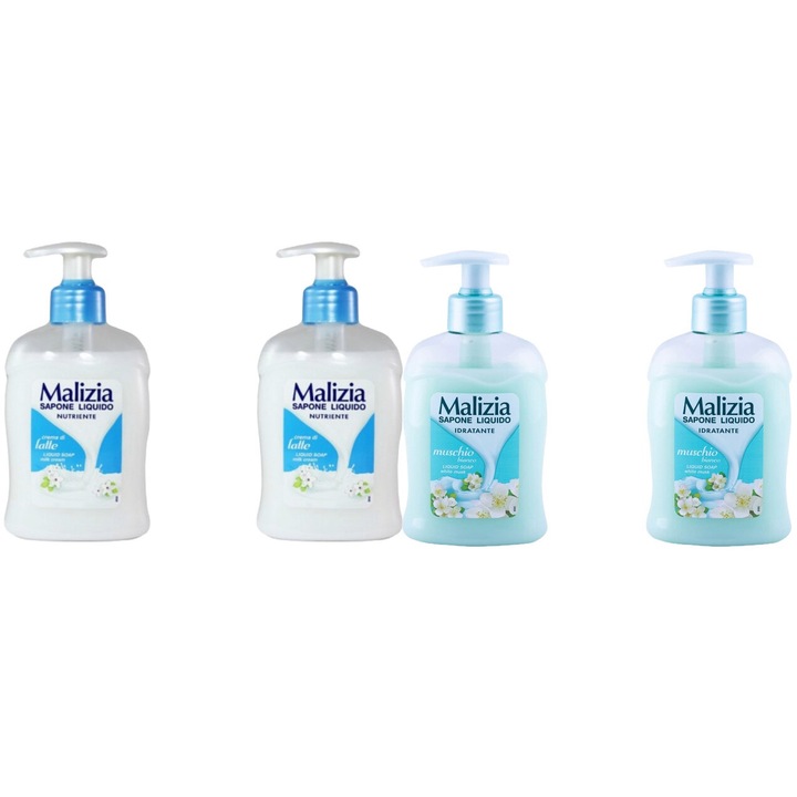 4 x Malizia Variety Készlet, 2 x folyékony szappan 300 ml tejeskávé, 2 x folyékony szappan 300 ml Muschio Bianco, egész napos friss, kellemes parfüm, megelőzi az irritációt, intenzív friss illat, fehér foltok ellen, élénkítő, hosszan tartó frissesség, 48