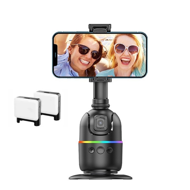 Intelligens Gimbal Stabilizer 360, tartozékokkal, 360°-os forgatás, arcfelismerés, sima filmezés, hordozható, automatikus követés, két töltőfénnyel