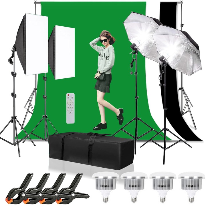 Stúdiókészlet háttérrel, kesment, állványokkal, fényvisszaverő árnyékolókkal, Softbox, többszínű, nem szőtt hátterekkel, termékfotózáshoz, videókészítéshez
