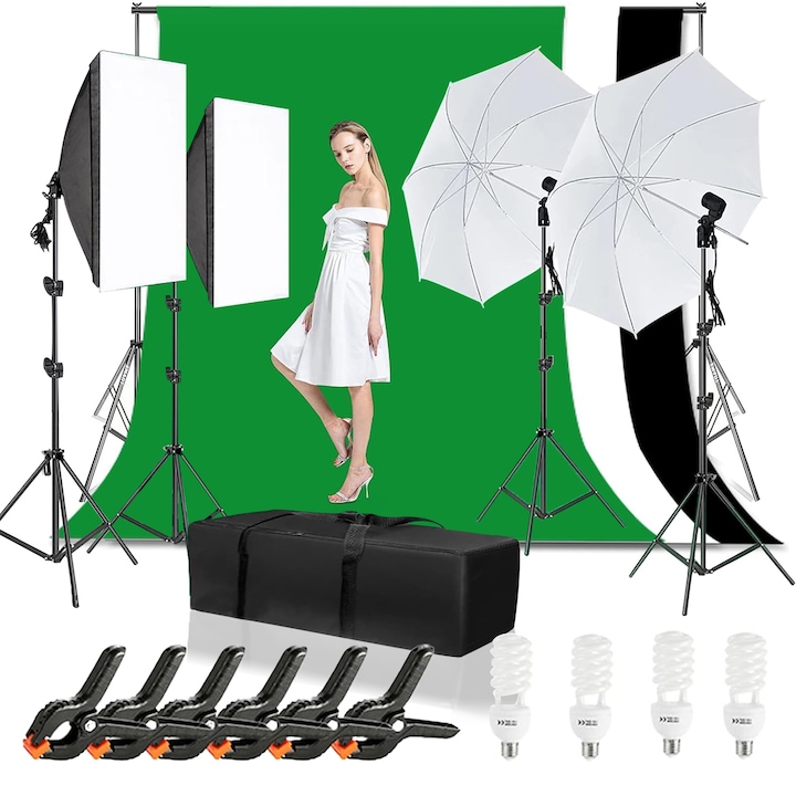 Stúdiókészlet háttérrel, kesment, állványokkal, háttértartó rendszerrel, lámpákkal és esernyőkkel, Softbox, termékfotózáshoz, videókészítéshez