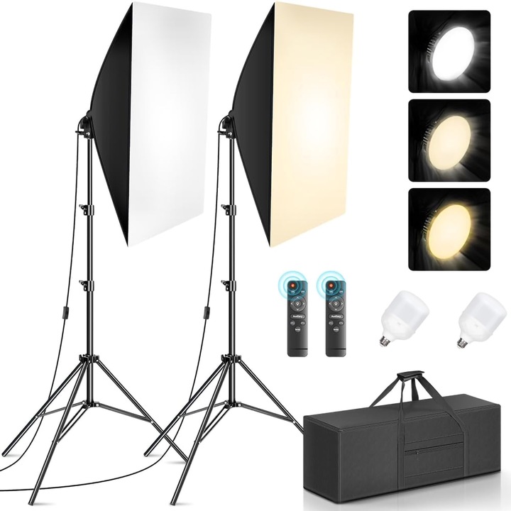 2 db Softbox lámpa készlet fedéllel és izzóval, kesment, hordtáska, professzionális szett fotózáshoz, 2 x 150 W, 50 x 70 cm, 2 kg, 6500 k, fekete