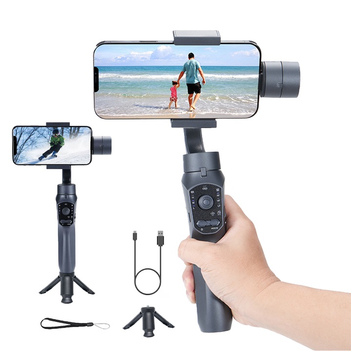 Telefonstabilizátor, Fotó- és videóstabilizáló gimbal, Bluetooth, Automatikus arckövetés, 10-12 órás akkumulátor-élettartam, USB-töltés, 3-tengelyes stabilizátor, IOS és Android kompatibilis alkalmazás
