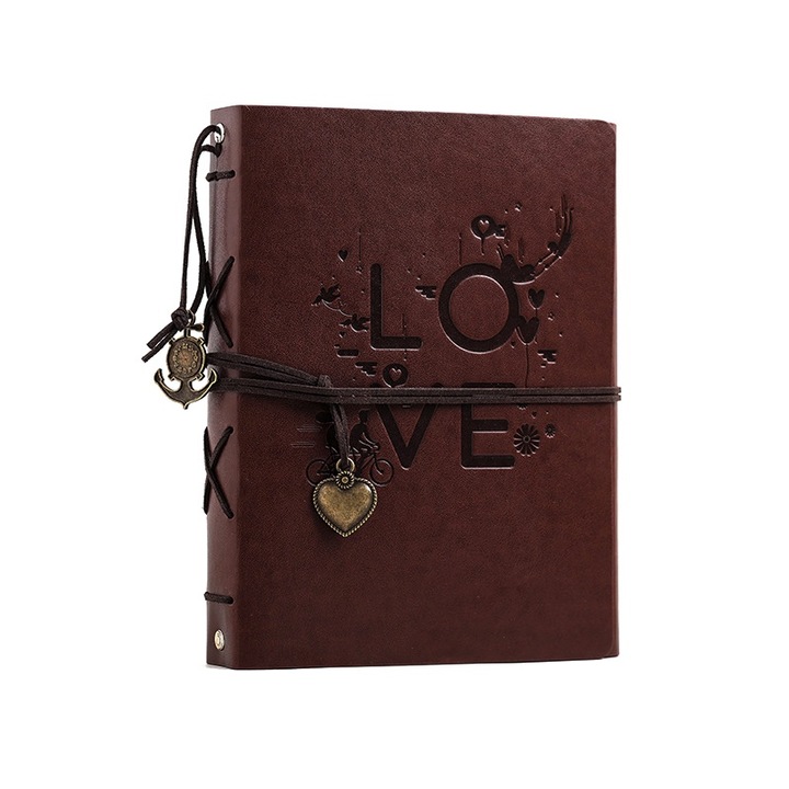LOVE fotóalbum, sokoldalú Vendégkönyv, alkalmas esküvőre, fotófülkére, egyéb különleges eseményekre, emlékek megőrzésére, deluxe fekete lepedővel, elegáns kivitelben, ökobőr borítóval, 21 x 17 cm, PYKA, Barna
