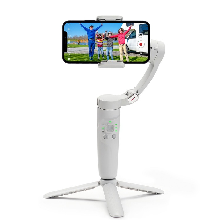 Telefonstabilizátor, 3 tengelyes karmantyú telefonhoz, egyérintéses fényképezés, irányszabályozás, fókuszállítás, intelligens követés, Bluetooth, LED lámpa, állvány tartozék, USB töltés, világosszürke