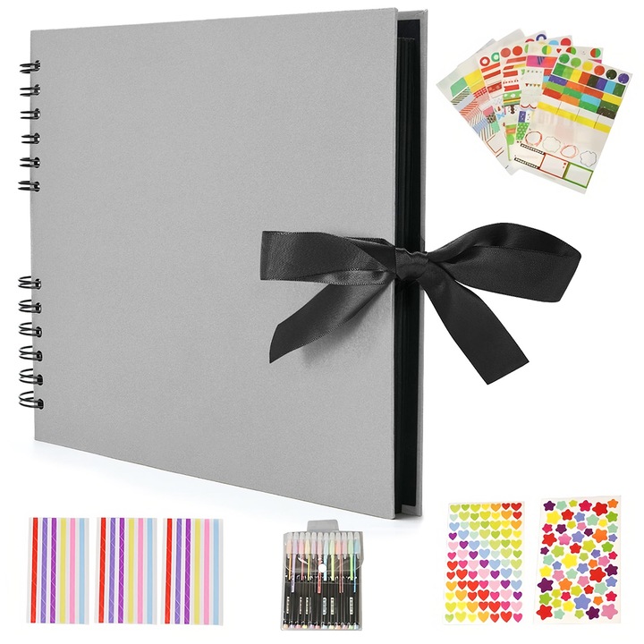 DIY fotóalbum tartozékokkal, 80 fotó, szürke, 30x21cm