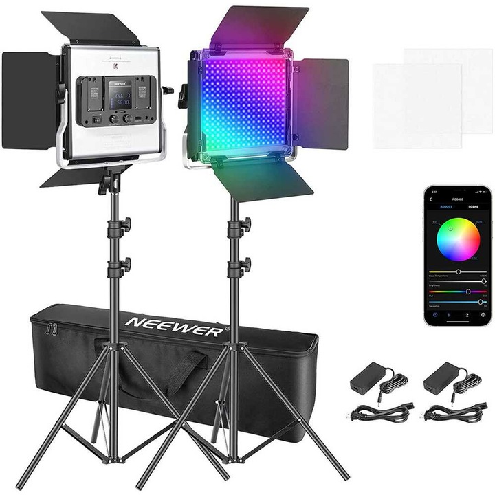 Újabb RGB 480 LED lámpakészlet, 28W, 3200K-5600K, 212x200x50mm, 1,4kg