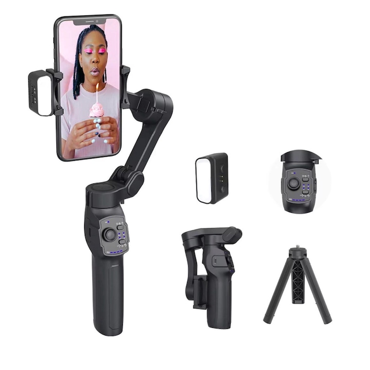 Intelligens képstabilizátor telefonhoz, Gimbal, dedikált IOS és Android alkalmazás, rázkódásgátló, ZOOM vezérlés, állvány mellékelve, 10 órás autonómia, 3600 Mah GIFT LED lámpa