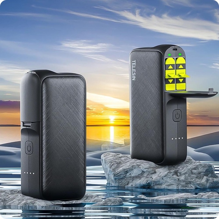 Töltő Powerbankkal, Telesin, S0-Pb-01-Tgp, Fekete, 10000 Mah, Usb-A, Usb-C, Gopro Hero 13-mal kompatibilis, 20 W gyorstöltés, LED jelzőfények, túlmelegedés elleni védelem