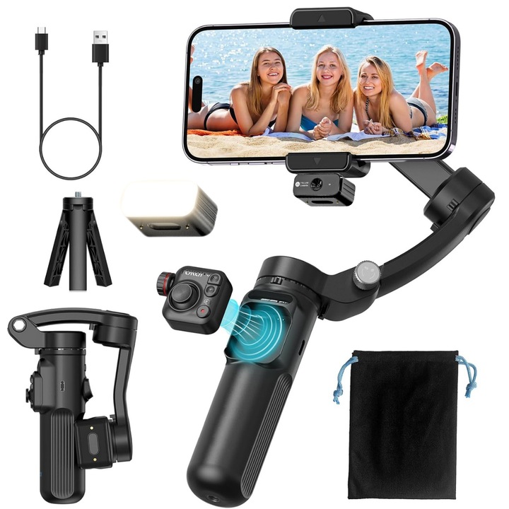 Stabilizátor telefonhoz és GoPro-hoz, levehető távirányítóval, automatikus AI követéssel, Gimbal Pro fényképek és videók stabilizálásához, 3 tengelyes stabilizálás, iOS és Android kompatibilis alkalmazással, levehető RGB világítással, állvánnyal együtt