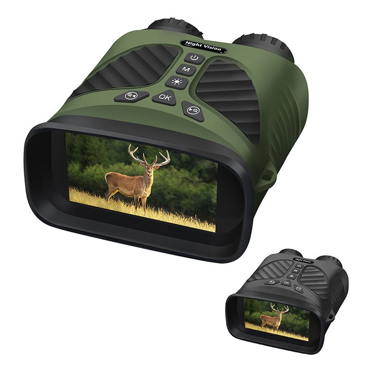CLC SmartGear digitális éjjellátó távcső, zöld, 2,5K UHD, 40MP, 10X optikai zoom, 8X digitális, 3" IPS képernyő, IR LED 850nm, 300m hatótáv, 2500mAh akkumulátor, 32GB kártya, ideális vadászatra, megfigyelésre, vadállat megfigyelésre, táborozásra