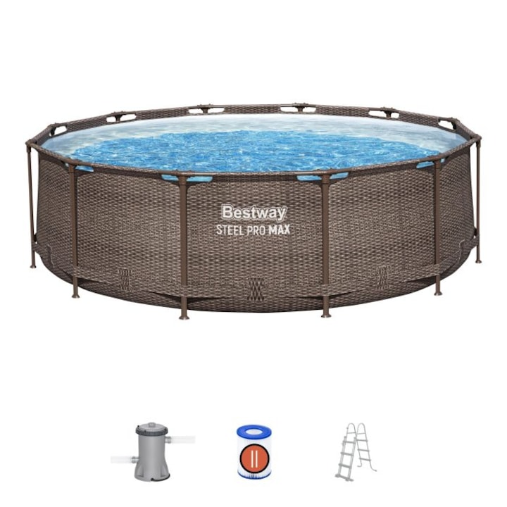 Bestway kerek medence, Steel Pro MA keret, pumpával, fém keret, barna rattan hatású, 366 x 100 cm
