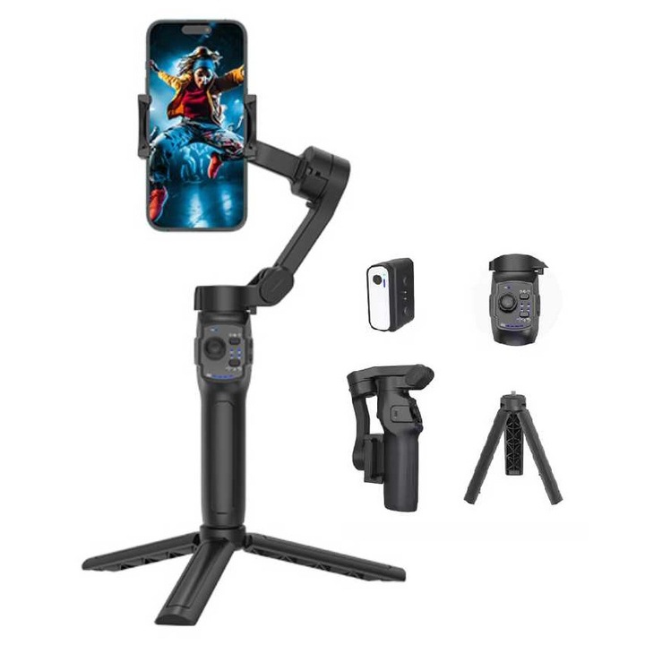 L9 Lite Gimbal stabilizátor, hordozható, összecsukható 3 tengelyes ultraszéles objektív AI követéssel, fekete