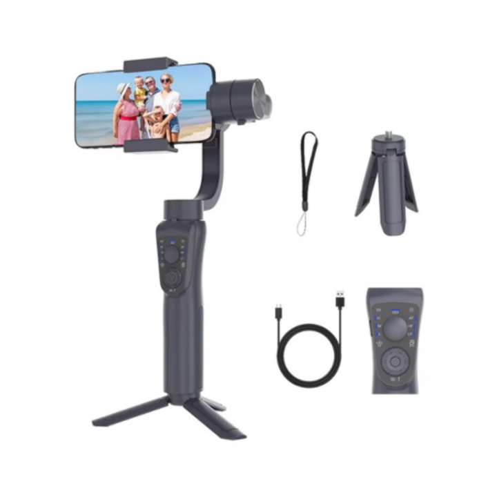 Képstabilizátor telefonhoz és GoPro kamerához, 3 tengelyes gimbal, Dedikált alkalmazás (iOS és Android), Bluetooth, Time-lapse, Automatikus arckövetés, ZOOM vezérlés, 3 tengelyen állítható, Univerzális, 12 órás üzemidő, USB töltés, Állvány tartozék