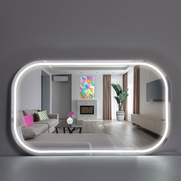 Négyszögletű LED neonfehér tükör 50x30cm, 108 képből álló készlet, lekerekített sarkok