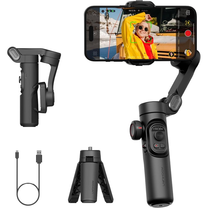 Aochuan képstabilizátor, 3 tengelyes hordozható gimbal, automatikus követés, fekete, 350g
