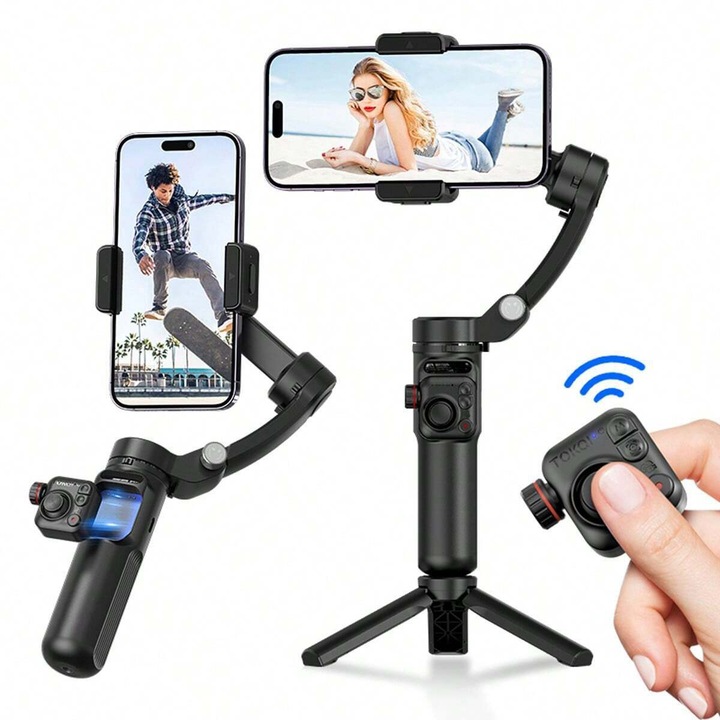 EXCITAT® Gimbal stabilizátor iPhone és Android készülékekhez levehető távirányítóval, hordozható 3 tengelyes gimbal, ideális utazási vlogoláshoz
