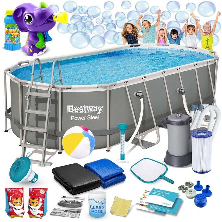 Kerti medence szett fém szerkezettel, Bestway, 549x274x122 cm, 18 az 1-ben, űrtartalom 13430 liter, szürke színű, kiegészítőkkel