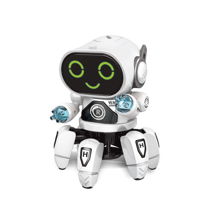 Hatkarmos játékrobot, táncos és énekes, fehér, poliészterből