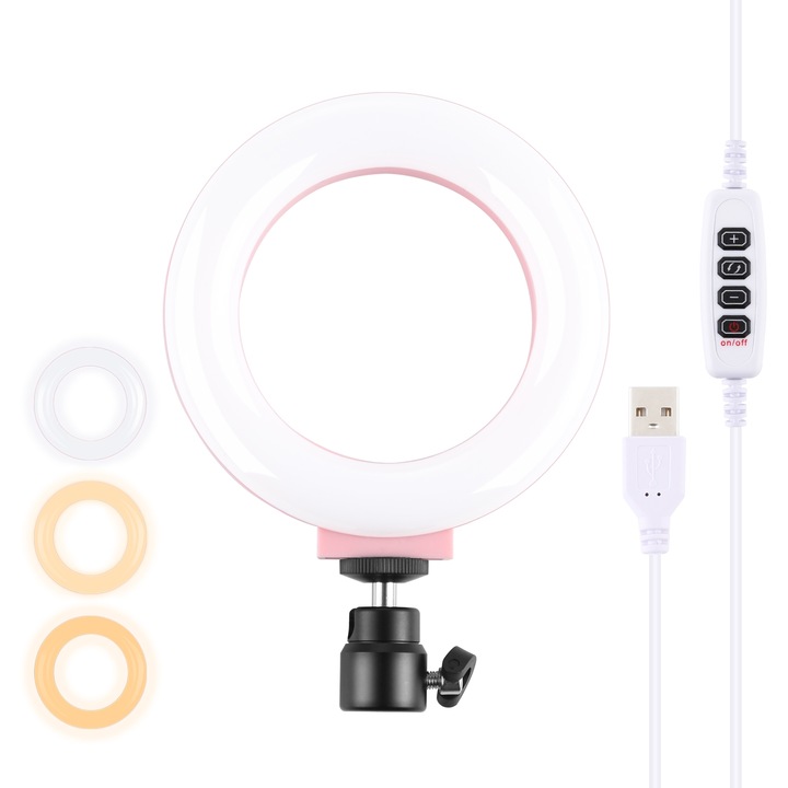 PULUZ gyűrűs lámpa 12 cm, 180 LED, 3 fénymód, 10 intenzitási szint, lágy fény, telefontartó, állvány tartozék, USB, rózsaszín