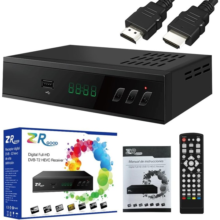 DVB-T/T2 Full HD 1080p digitális földfelszíni TV dekóder, H.265 HEVC kompatibilis, USB, HDMI és SCART csatlakozókkal – Digitális televízió tuner